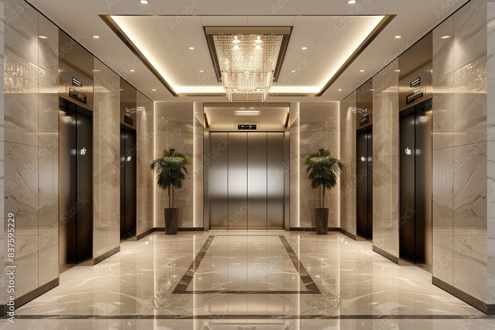 An opulent elevator lobby with polished marble walls and floors, gold accents, and a grand chandelier An opulent elevator lobby with polished marble walls and floors, gold accents, and a grand chandelier