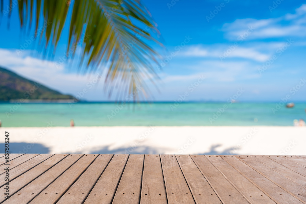 Fototapeta premium Tropical beautiful white sand beach with blue sky background, Summer vacation concept and copy space