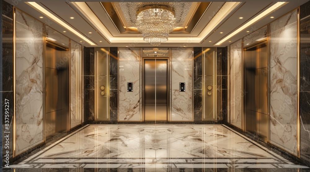 Obraz premium An opulent elevator lobby with polished marble walls and floors, gold accents, and a grand chandelier
