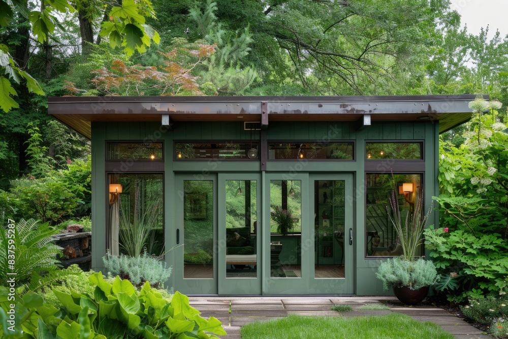 A contemporary white backyard shed with a flat roof, large doors, and surrounded by greenery A contemporary white backyard shed with a flat roof, large doors, and surrounded by greenery