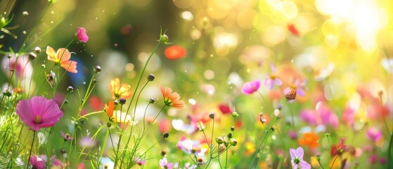 Foto auf Acrylglas Gelb A beautiful meadow full of colorful wildflowers basking in warm sunlight, evoking a feeling of spring and natural beauty.  © reels