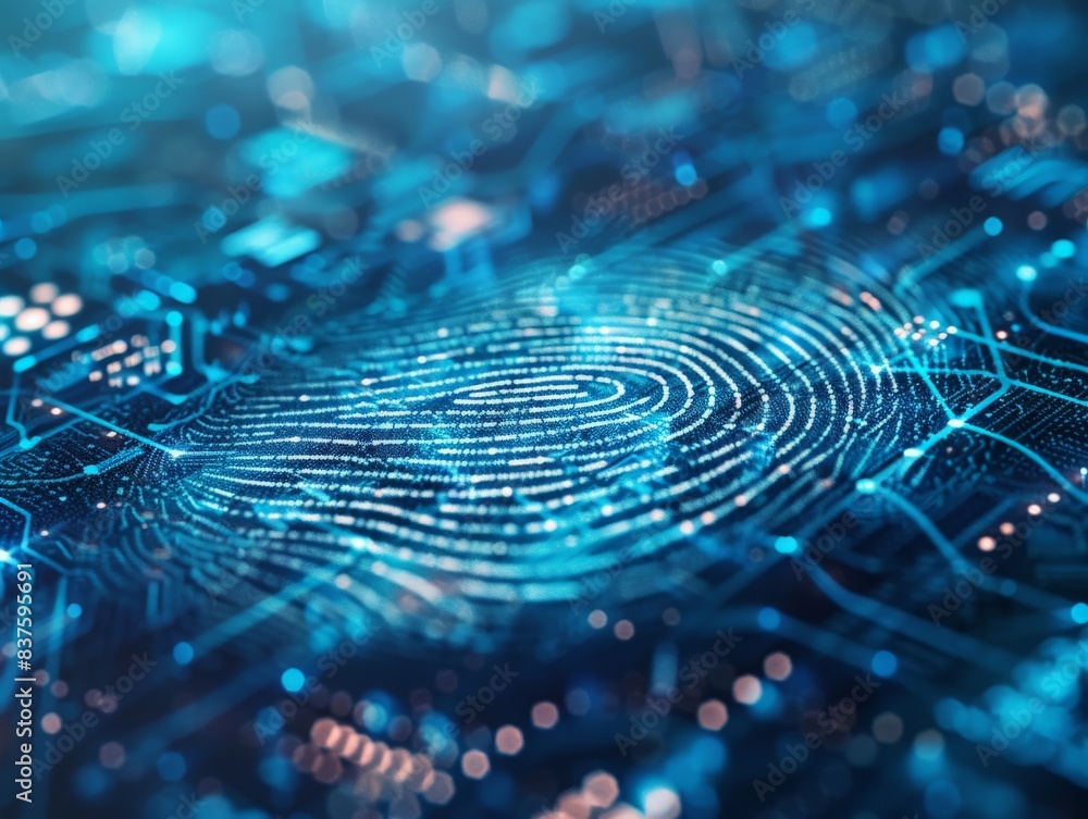 Abstract digital fingerprint on a circuit board, representing cybersecurity and digital identity. Abstract digital fingerprint on a circuit board, representing cybersecurity and digital identity.