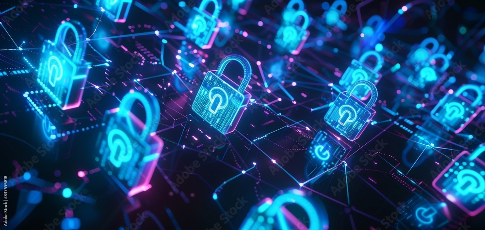 Fototapeta premium Abstract digital locks glowing on a dark background.
