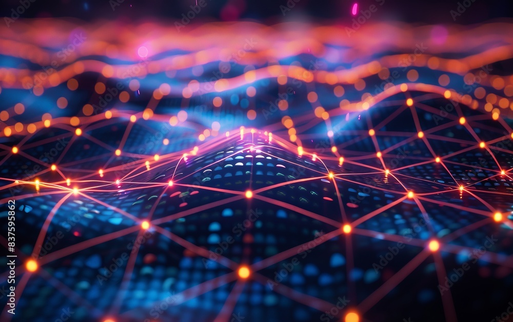 Abstract digital network with glowing lines and nodes. Conceptual image of data, technology, and connection. Abstract digital network with glowing lines and nodes. Conceptual image of data, technology, and connection.