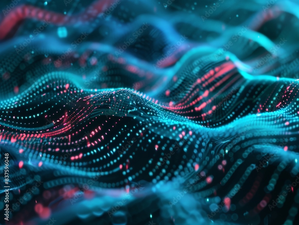 Abstract digital wave with blue and pink glowing particles. Abstract digital wave with blue and pink glowing particles.