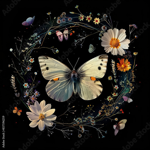 kunst, dekoration, vektor, dekor, design, Blumenkranz, blume, aufblühen, farbe, weiß, hintergrund, schwarz, mitte, schmetterling, weiß, art, decoration, vector, décor, design, floral wreath, flower, b