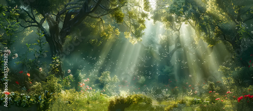A vibrant  lush forest filled with blooming flowers and bathed in magical beams of sunlight filtering through the leafy canopy