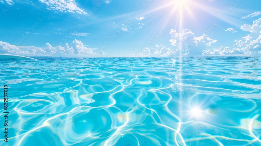 A bright, fresh swimming pool with crystal clear water waves under a sunny sky, featuring vibrant reflections and ample copy space for a summer banner A bright, fresh swimming pool with crystal clear water waves under a sunny sky, featuring vibrant reflections and ample copy space for a summer banner