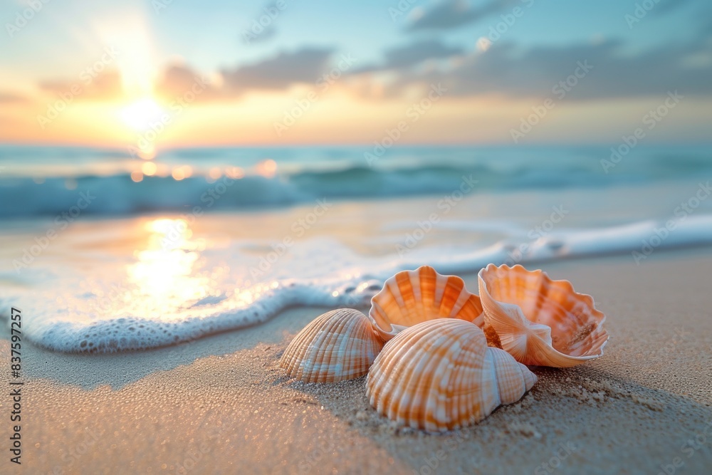 Two Seashells on Beach With Setting Sun. Generative AI Two Seashells on Beach With Setting Sun. Generative AI