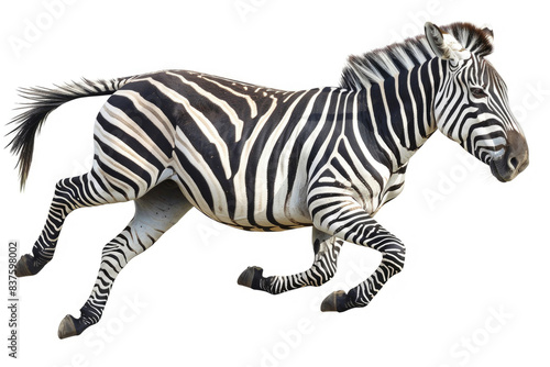 A zebra running  legs fully extended  isolated on a white background