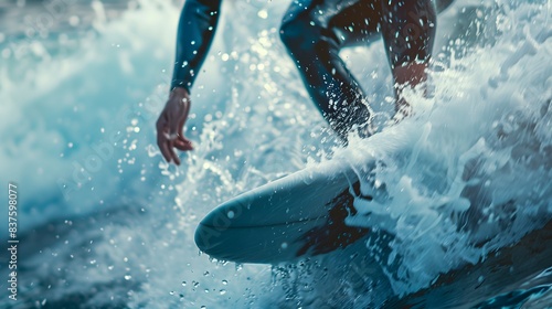 Male Surfer Surfing Wave on Surfboard Closeup