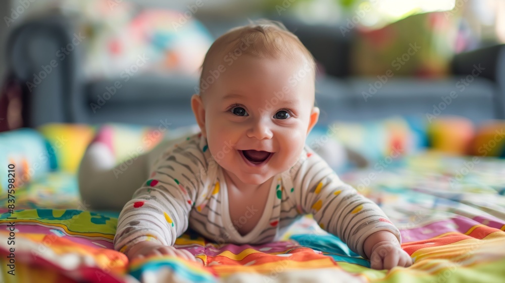 A happy baby enjoys tummy time on a joyously patterned blanket with vivid colors A happy baby enjoys tummy time on a joyously patterned blanket with vivid colors