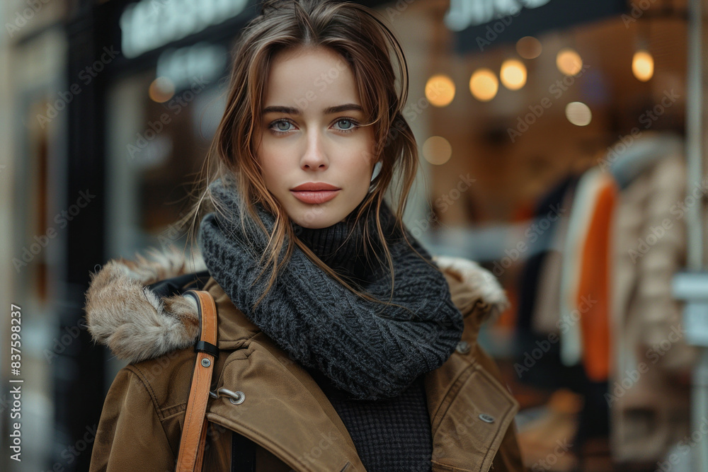 Stylish woman with shopping bags walks through the city streets. Consumerism, fashion, purchases, shopping,generative ai Stylish woman with shopping bags walks through the city streets. Consumerism, fashion, purchases, shopping,generative ai