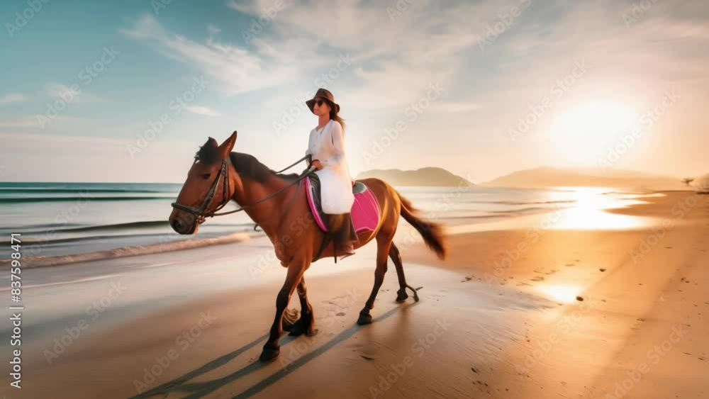 A woman horseback riding along the beach at sunset, enjoying the warm glow of the evening sun. The serene ocean waves and golden sky create a tranquil and picturesque setting. A woman horseback riding along the beach at sunset, enjoying the warm glow of the evening sun. The serene ocean waves and golden sky create a tranquil and picturesque setting.