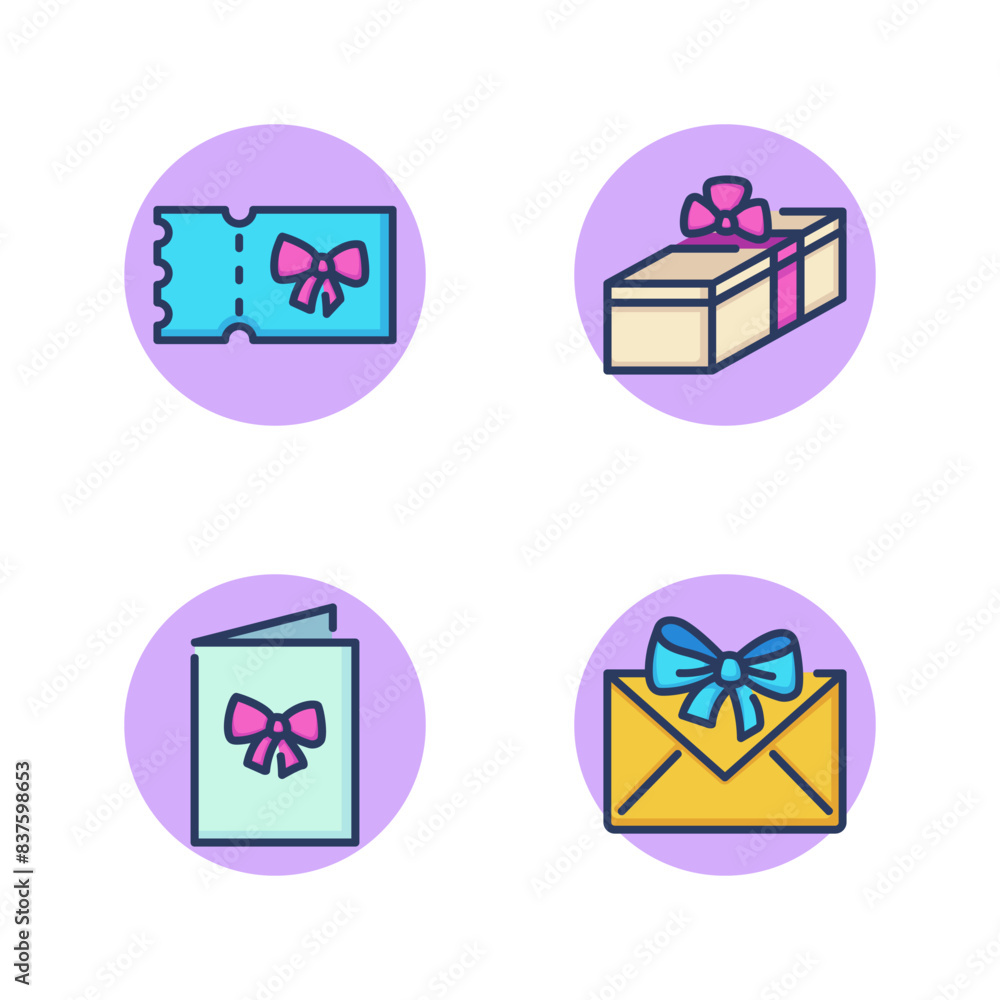 Gifts and presents line icon set. Discount coupon, envelope with gift ribbon, holiday card, box with gift. Special offer and gift concept. Vector illustration for web design and apps Gifts and presents line icon set. Discount coupon, envelope with gift ribbon, holiday card, box with gift. Special offer and gift concept. Vector illustration for web design and apps