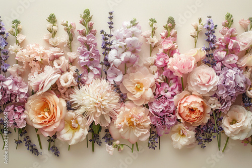 Pastel-colored flowers softly arranged on a cream background