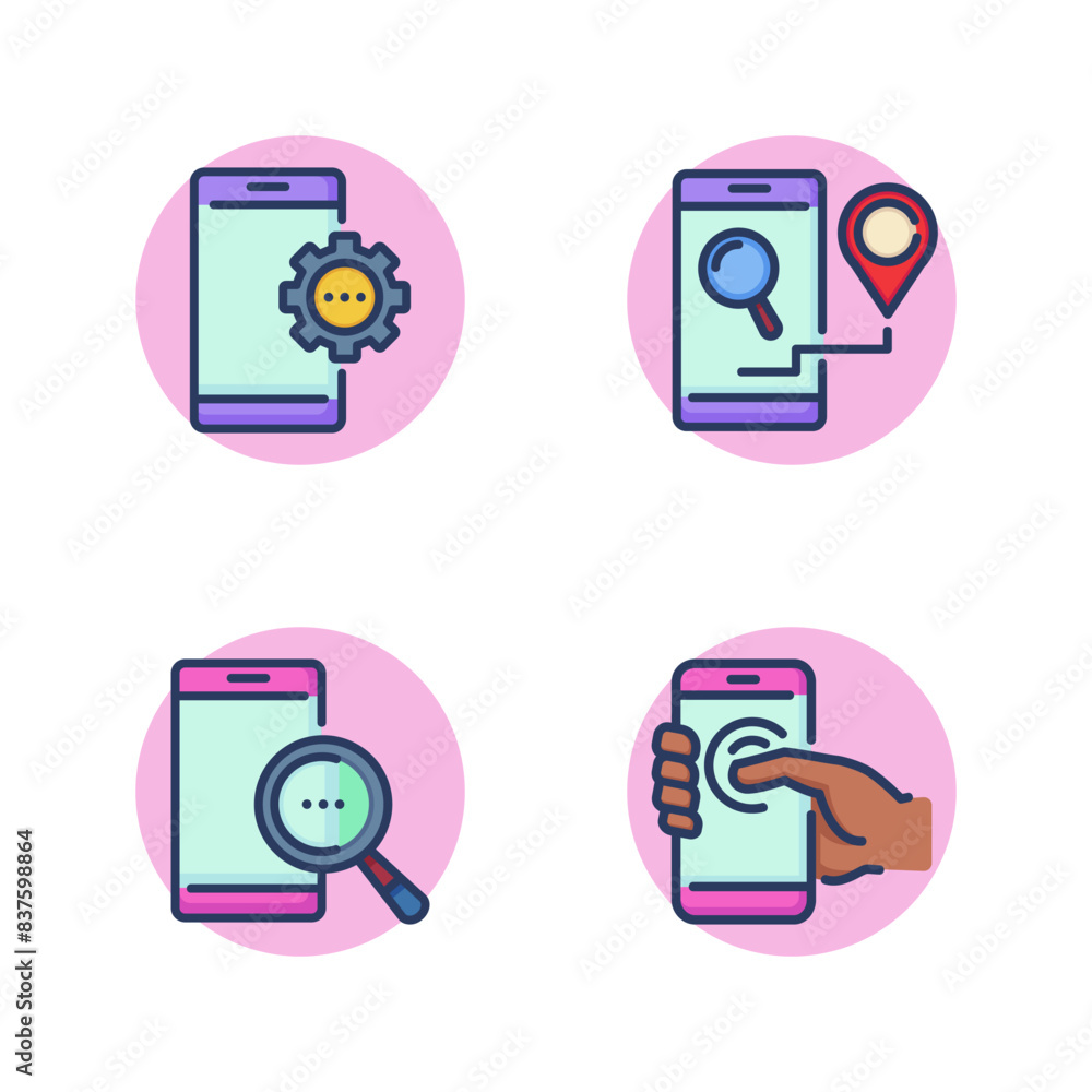 Mobile phone functions line icon set. Settings in smartphone, searching for location on screen, searching on Internet, phone in hand. Using mobile phone concept. Vector illustration web design app Mobile phone functions line icon set. Settings in smartphone, searching for location on screen, searching on Internet, phone in hand. Using mobile phone concept. Vector illustration web design app