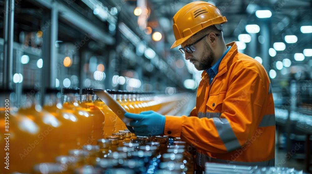 Factory worker in safety gear inspecting bottles on a production line. Industrial setting with high-tech machinery. Factory worker in safety gear inspecting bottles on a production line. Industrial setting with high-tech machinery.