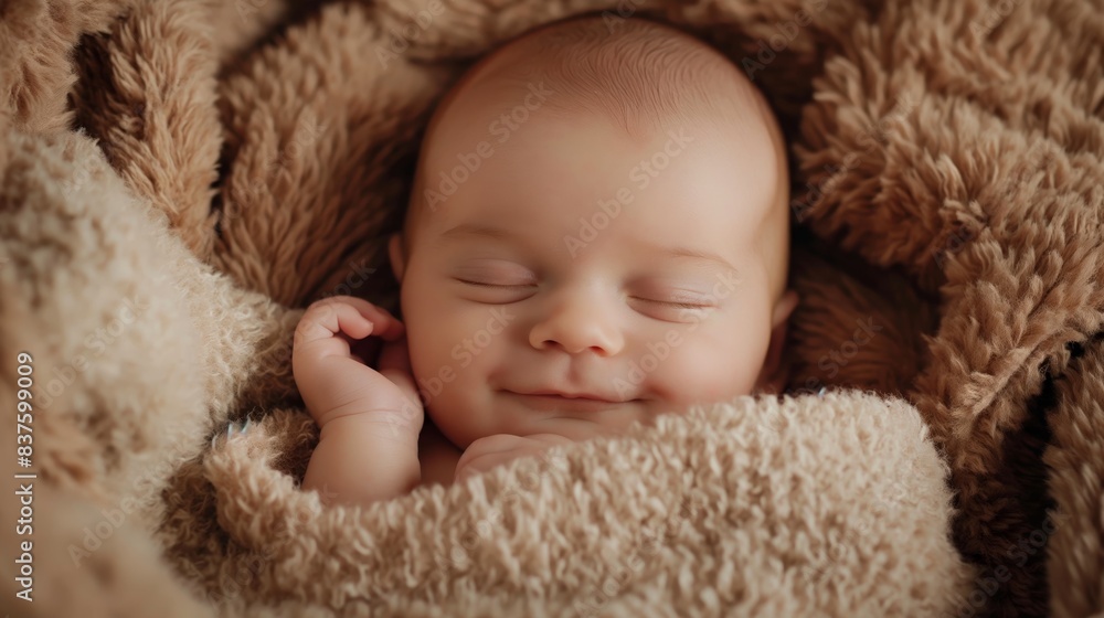 A serene sleeping newborn wrapped cozily in a fluffy brown blanket, epitomizing peaceful rest A serene sleeping newborn wrapped cozily in a fluffy brown blanket, epitomizing peaceful rest