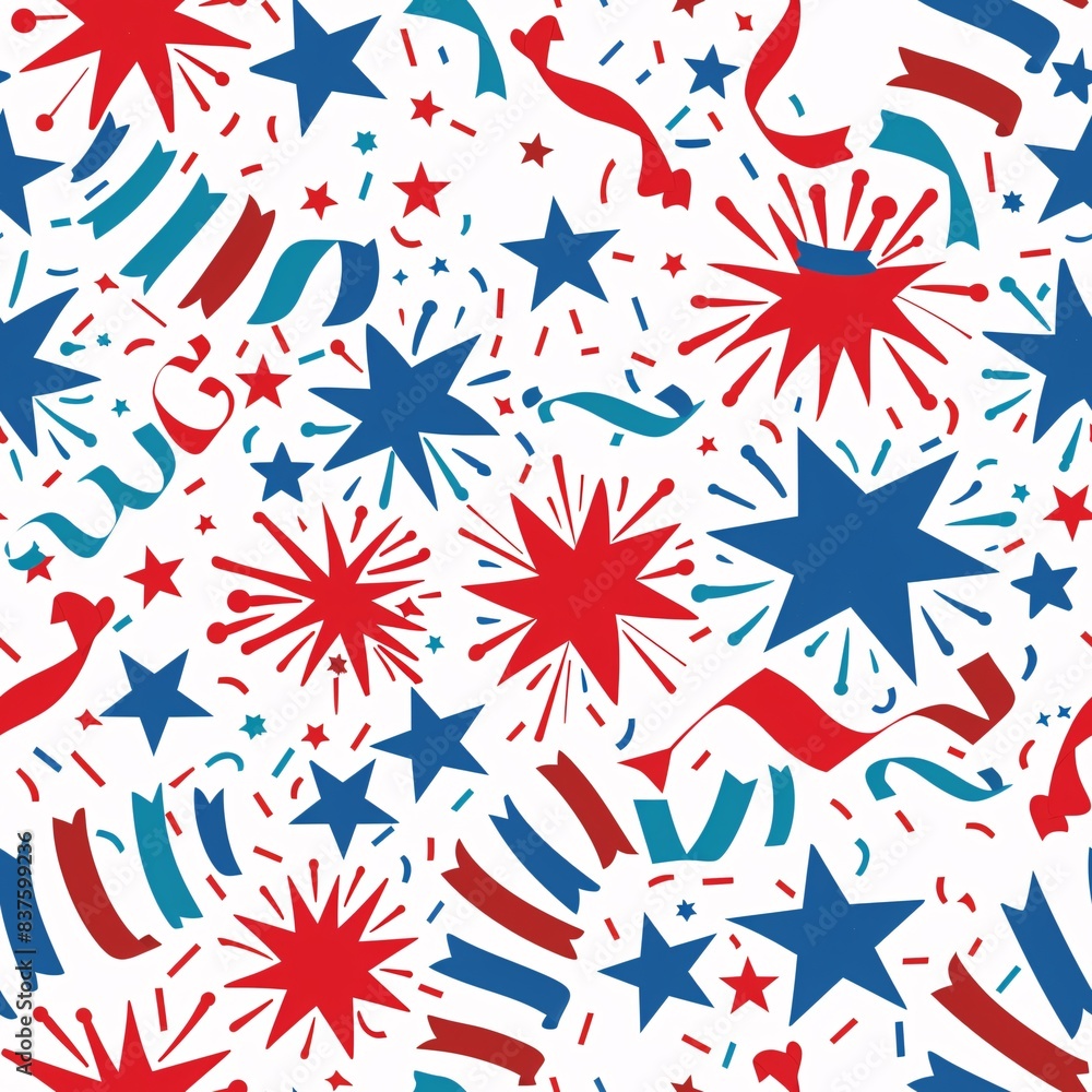 A seamless pattern background celebrating American Independence Day with a festive touch. Stars, stripes, fireworks, and confetti are arranged in a dynamic repeating pattern. Illustrator style. A seamless pattern background celebrating American Independence Day with a festive touch. Stars, stripes, fireworks, and confetti are arranged in a dynamic repeating pattern. Illustrator style.