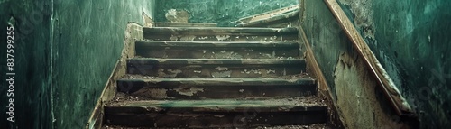 Old wooden staircase leading down to a dark and mysterious basement. photo