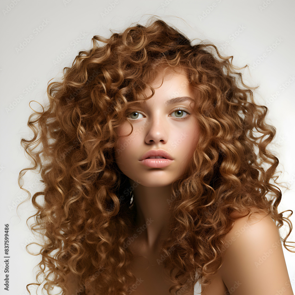 portrait of a woman with long curly hair, studio shot portrait of a woman with long curly hair, studio shot