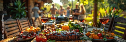 Outdoor dining setting with diverse, colorful food platters and drinks, perfect for a summer gathering or celebration.