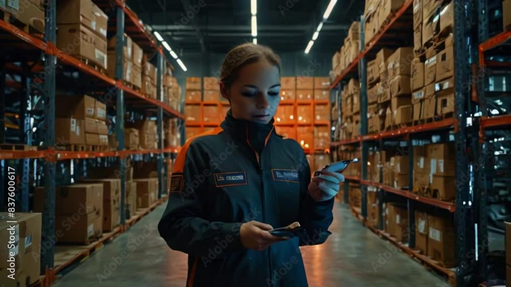 Beautiful woman looking at a tablet pc computer in a trading warehouse Beautiful woman looking at a tablet pc computer in a trading warehouse