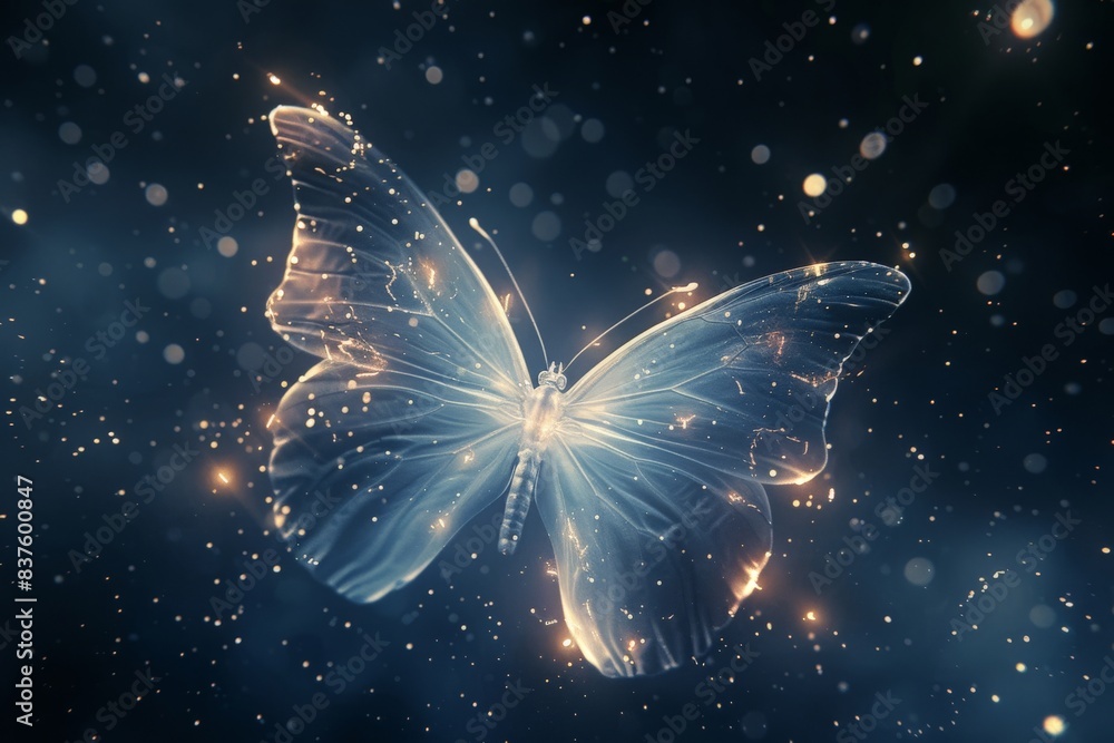 The image is a photo of a glowing blue butterfly with a dark blue ...
