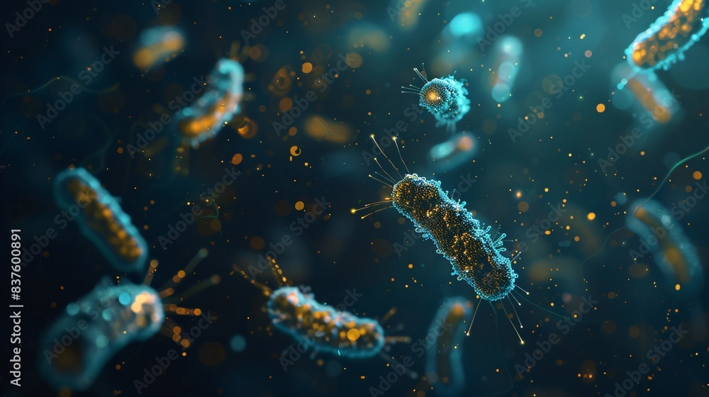Fototapeta premium A 3D vector depiction of pathogenic bacteria multiplying rapidly, illustrated in dark tones