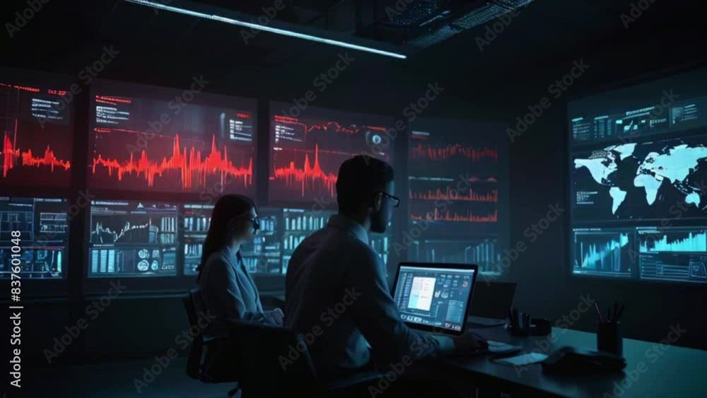A man and a woman are sitting in a dark room looking at computer screens. A man and a woman are sitting in a dark room looking at computer screens.