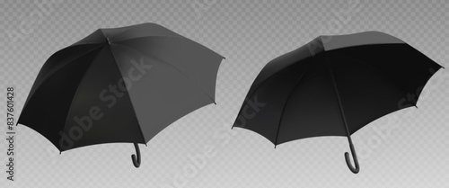 Black umbrella mockup. Realistic isolated open parasol view template for branding. Mock up design for rain weather protection object. Outdoor accessory advertising or presentation for autumn season