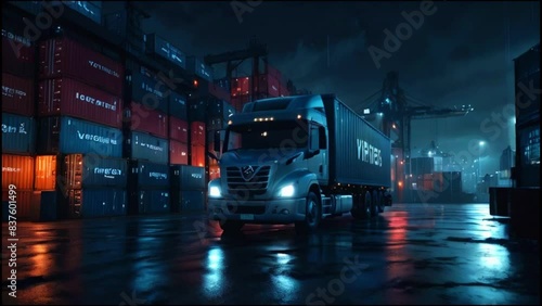 A semi truck is parked in a shipping yard at night. It is raining and the headlights and taillights on the truck are on. photo