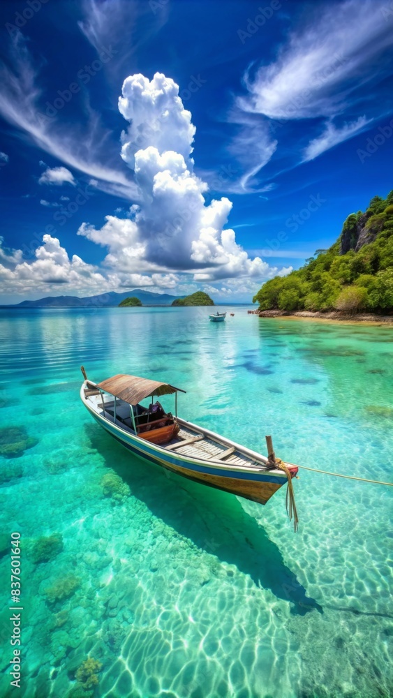 A small boat on the crystal clear turquoise waters of a tropical island with a blue sky and white clouds in the background A small boat on the crystal clear turquoise waters of a tropical island with a blue sky and white clouds in the background