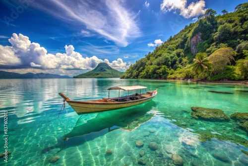 A small boat on the crystal clear turquoise waters of a tropical island with a blue sky and white clouds in the background