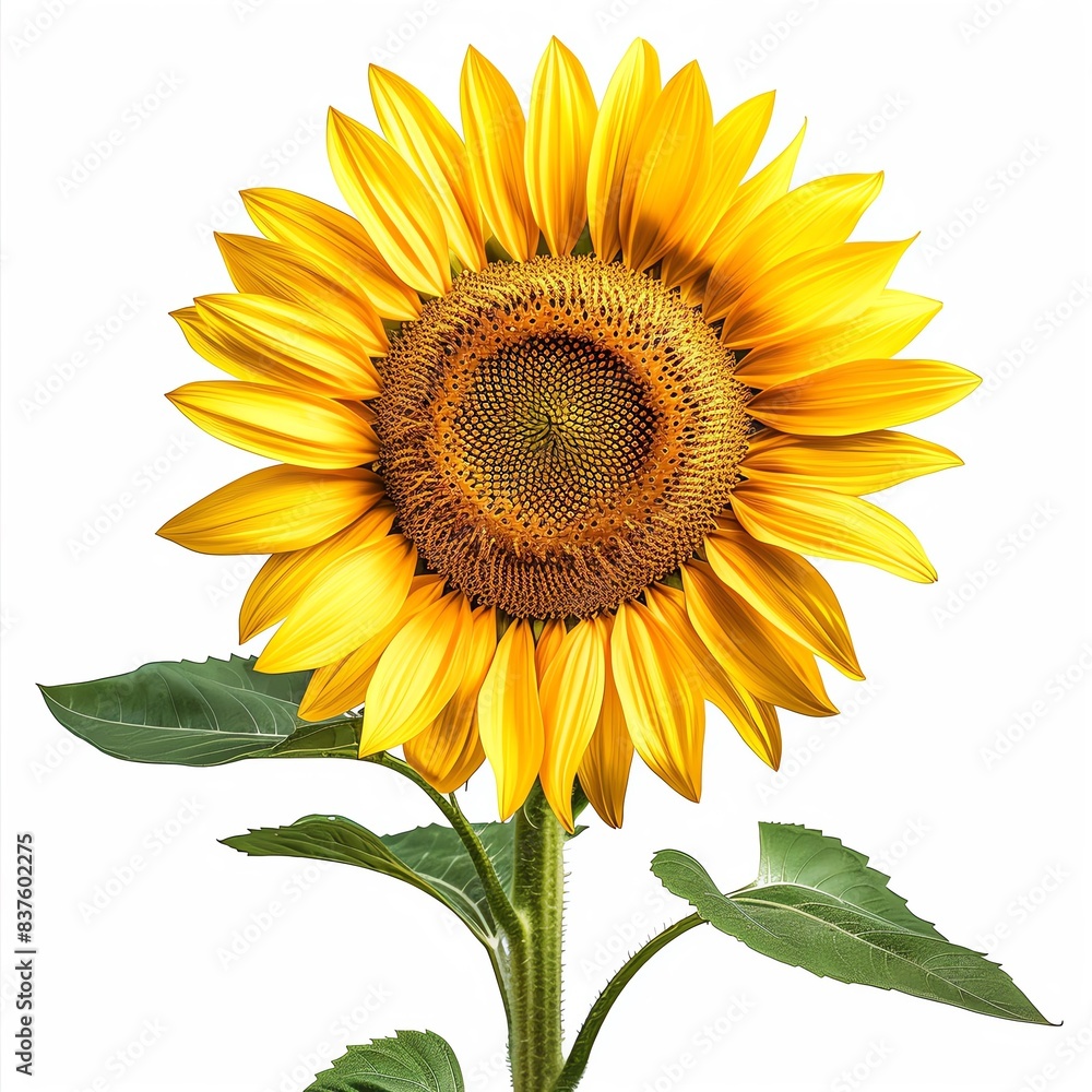 Bright yellow sunflower with green leaves, isolated on white background, showcasing natural beauty and vibrant color. Bright yellow sunflower with green leaves, isolated on white background, showcasing natural beauty and vibrant color.
