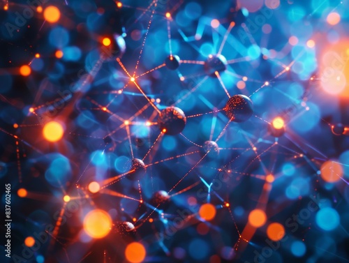 Abstract network of glowing nodes and lines on dark blue background with bokeh lights.