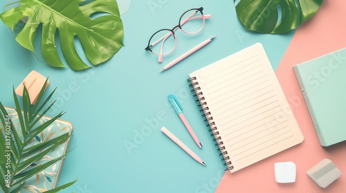 Flat lay of an open notebook, pens, eyeglasses, and leaves on pastel background. Ideal for workspace, productivity, and creativity themes. photo