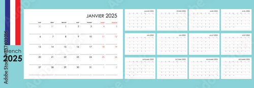 Calendar 2025 in French. Simple annual planner, 12 cards for whole year with copy space