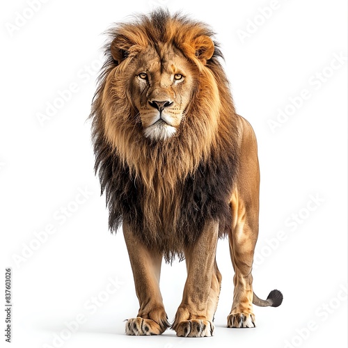 Portrait of a majestic lion standing. The lion s regal mane and powerful stance capture the essence of the wild animal kingdom.