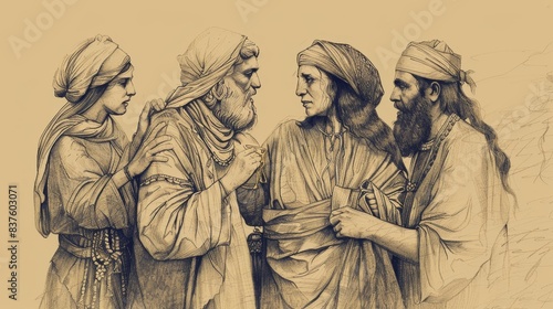 Genesis 34 Biblical Illustration: Dinah's Defilement, Shechem's Act, Simeon and Levi's Retaliation - Beige Background with Copyspace for Inspirational Use photo