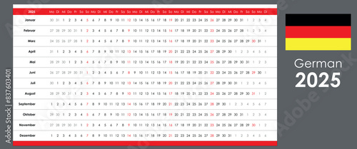 Linear calendar 2025. Horizontal grid, yearly calendar organizer, planner, German