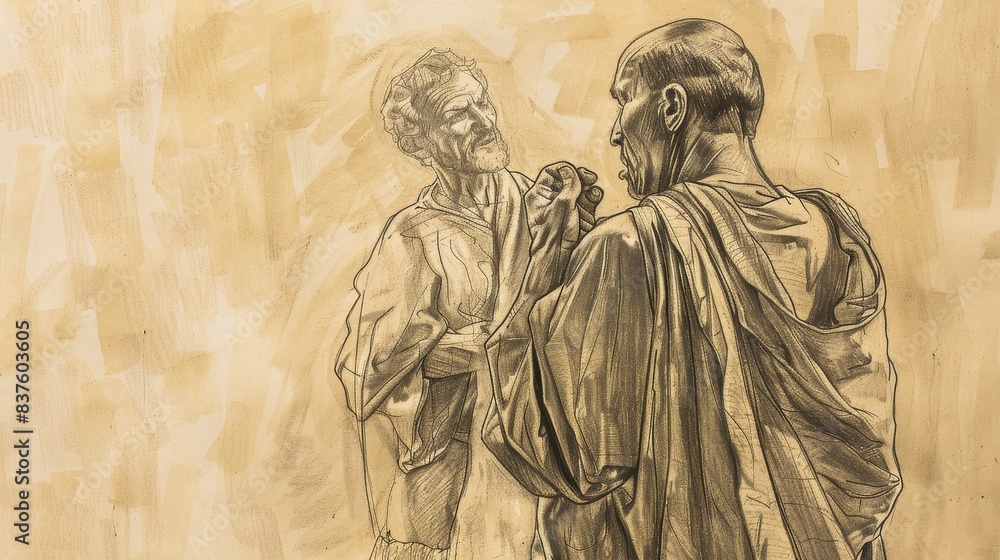 Fototapeta premium Job 23 Biblical Illustration: Job's reply, desire to present case before God, confidence in integrity, frustration, Beige Background, copyspace