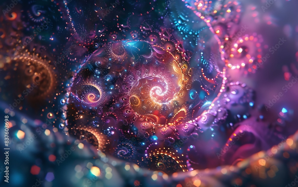 Abstract swirling galaxy with vibrant colors and glowing lights. Cosmic fractal art. Abstract swirling galaxy with vibrant colors and glowing lights. Cosmic fractal art.