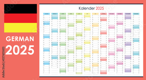 Colorful wall planner for 2025. Annual one page calendar in German