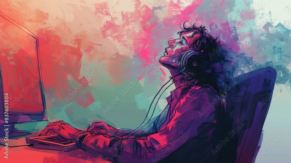 An image of a person sitting in front of a computer, their head tilted ...