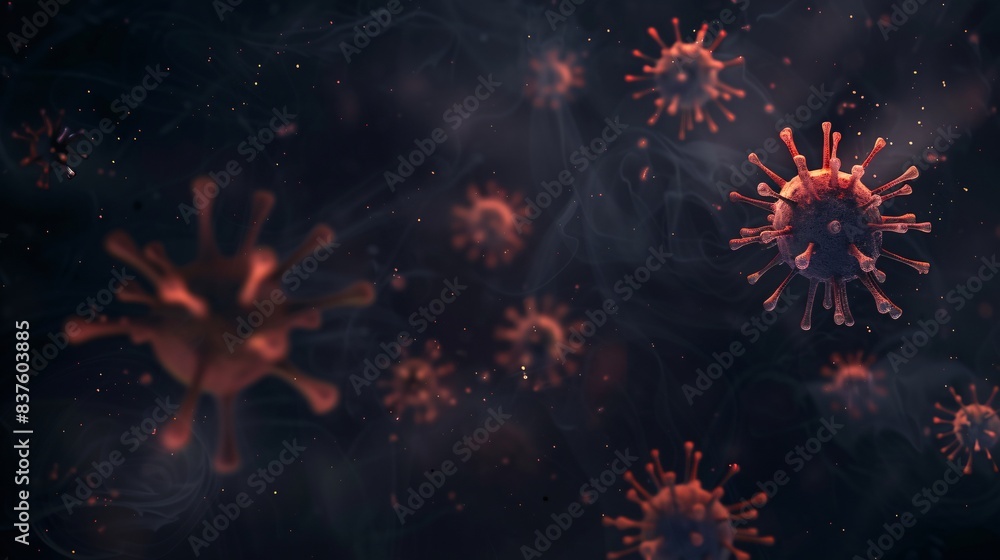 A 3D vector illustration of the spread of a viral infection, shown in dark tones A 3D vector illustration of the spread of a viral infection, shown in dark tones