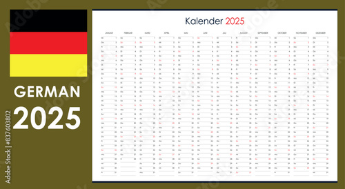 Wall planner for 2025 in German. Calendar template with blank place for notes