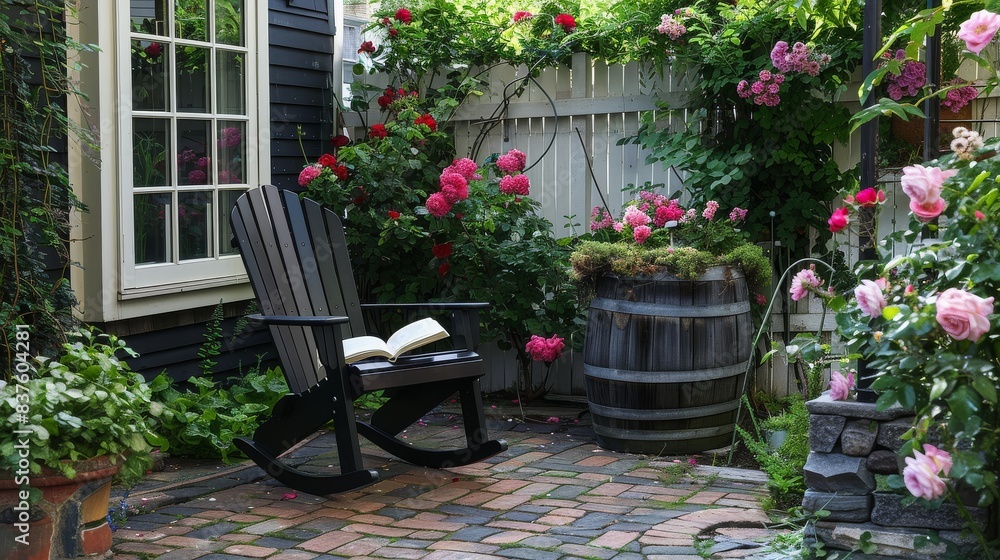 Black plastic Adirondack rocking chair with an open book on the seat, set against white wood trellis walls adorned with lush green plants and flowers, in front of a beautiful house with brick paver fl Black plastic Adirondack rocking chair with an open book on the seat, set against white wood trellis walls adorned with lush green plants and flowers, in front of a beautiful house with brick paver fl