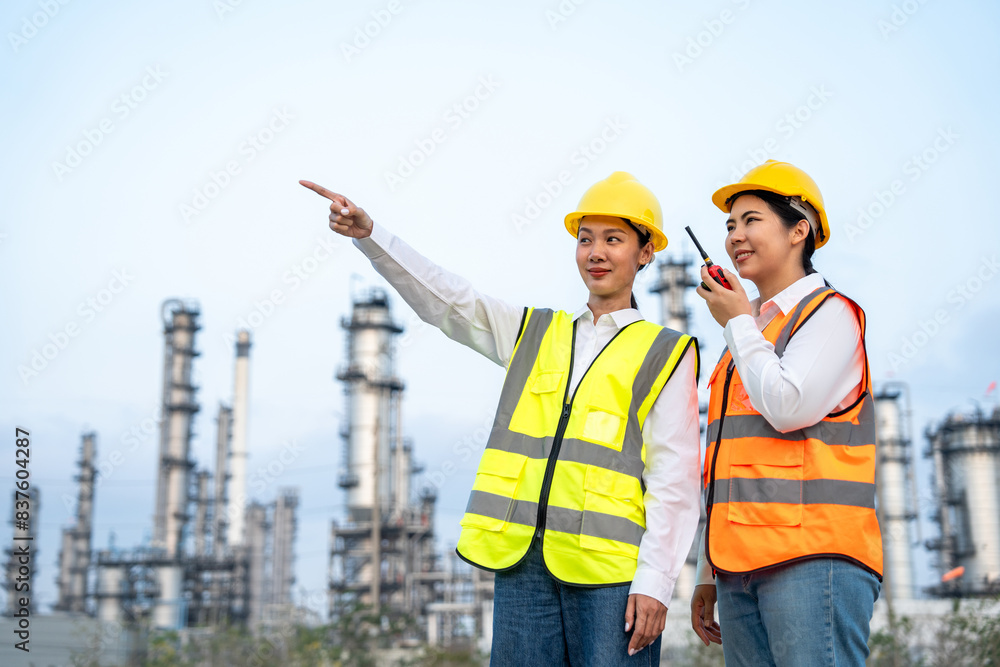 Two Asian female engineer with white safety helmet standing front of oil refinery. Industry zone gas petrochemical. Factory oil storage tank and pipeline. Workers work in the refinery construction Two Asian female engineer with white safety helmet standing front of oil refinery. Industry zone gas petrochemical. Factory oil storage tank and pipeline. Workers work in the refinery construction